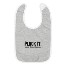 Load image into Gallery viewer, Pluck It! Music Brand Designs in Black- Embroidered Baby Bib
