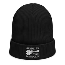 Load image into Gallery viewer, Stand By Your Mandolin in White- Organic Ribbed Beanie
