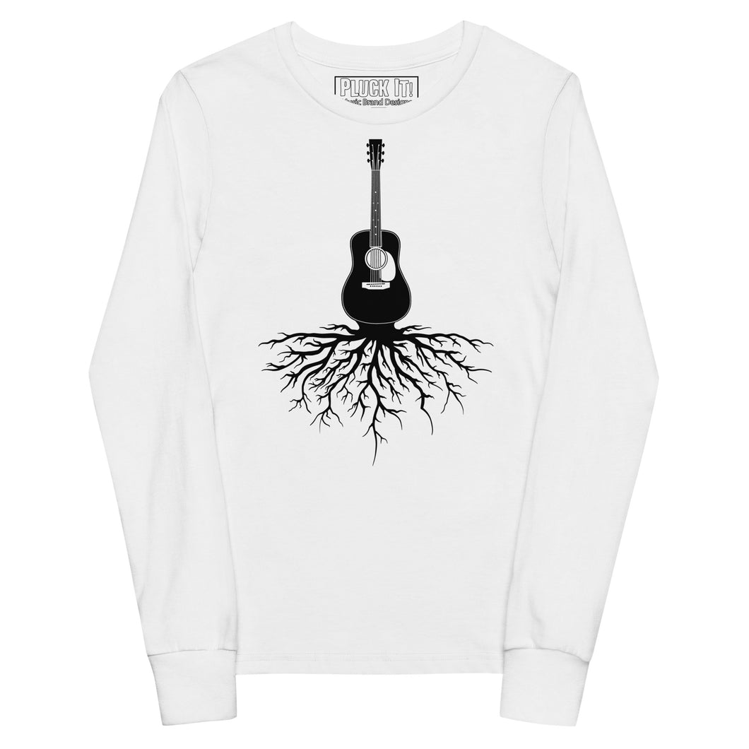 Acoustic Guitar Roots in Black- Youth Long Sleeve